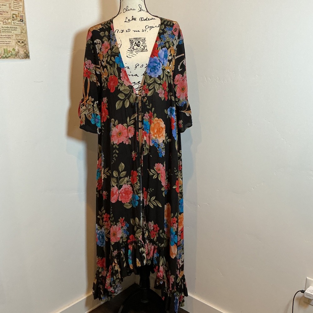 Johnny Was Floral Duster Kimono Black Multicolor Ruffle High Low XL Boho Duster
